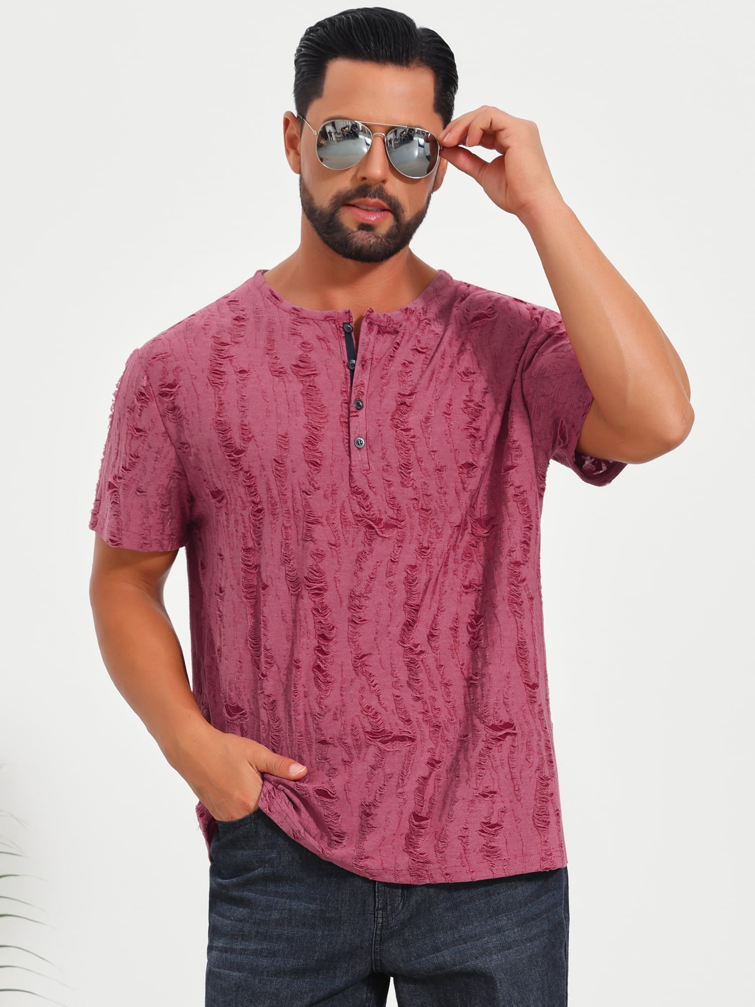 DARING DIVA Men's Ripped Henley Retro Short Sleeve Button Down T-Shirt L Red
