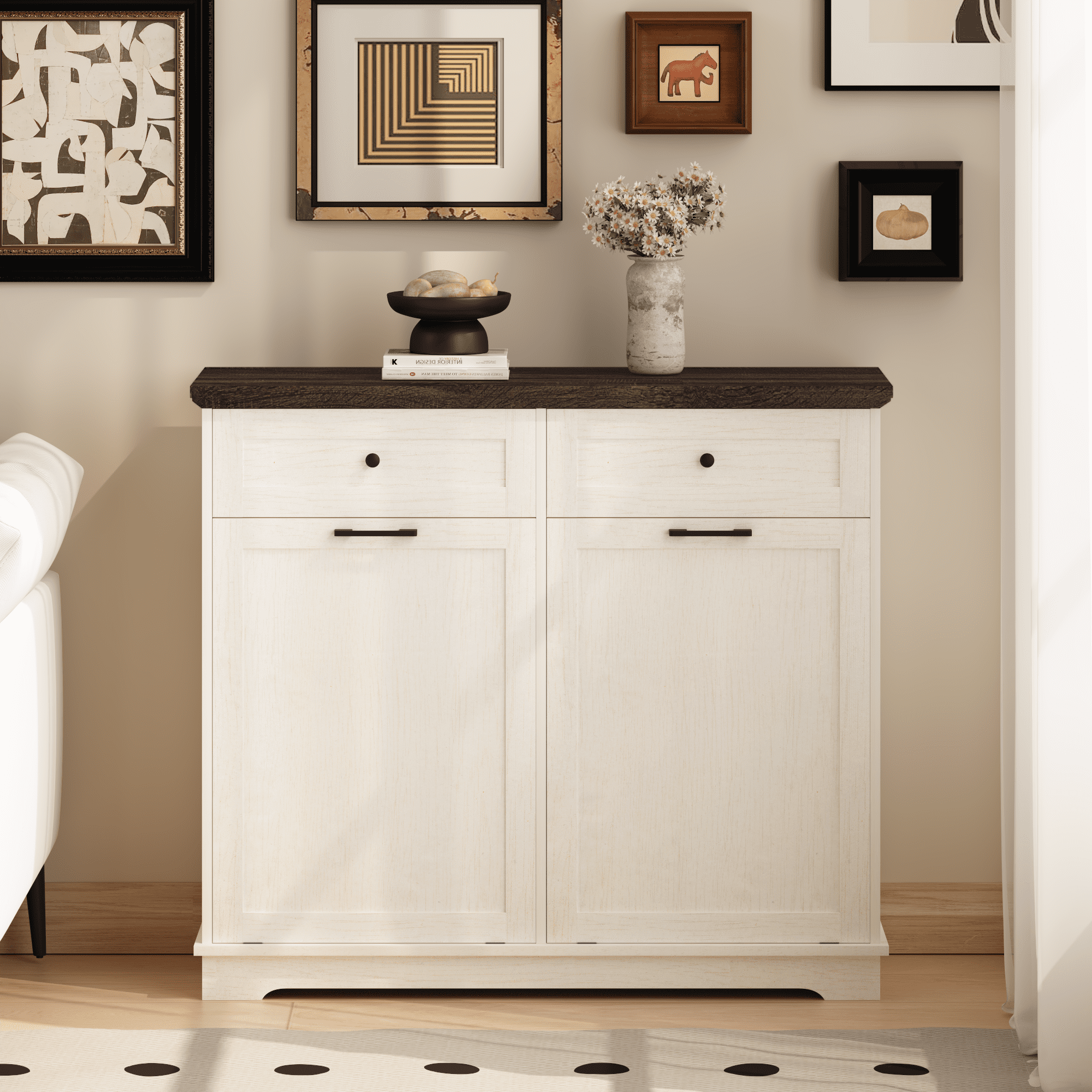 Tilt Out Trash Cabinet Freestanding Trash Bin Cabinet Wood Garbage Recycling Cabinet with Drawer Pet Proof Trash Can Holder for Kitchen Living Room, Antique White (Not include trash can)