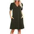 thumbnail image 2 of V-Neck Summer Casual Sundress for Women- Puff Short Sleeve Swing Beach Dress with Pockets, 2 of 6