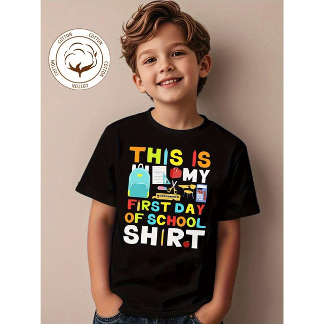 Back to School New Boys 100% Cotton T-Shirt | This is My First of School Shirt Print | Comfortable, Breathable, Summer, Crew Neck, Short Sleeve T-Shirt