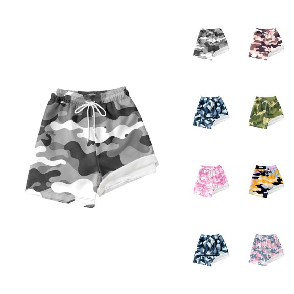 Boys Swim Trunks with Compression Liner Camo Print Quick Dry Swim Shorts Drawstring Elastic Waist Beach Surf Vacation Swimwear