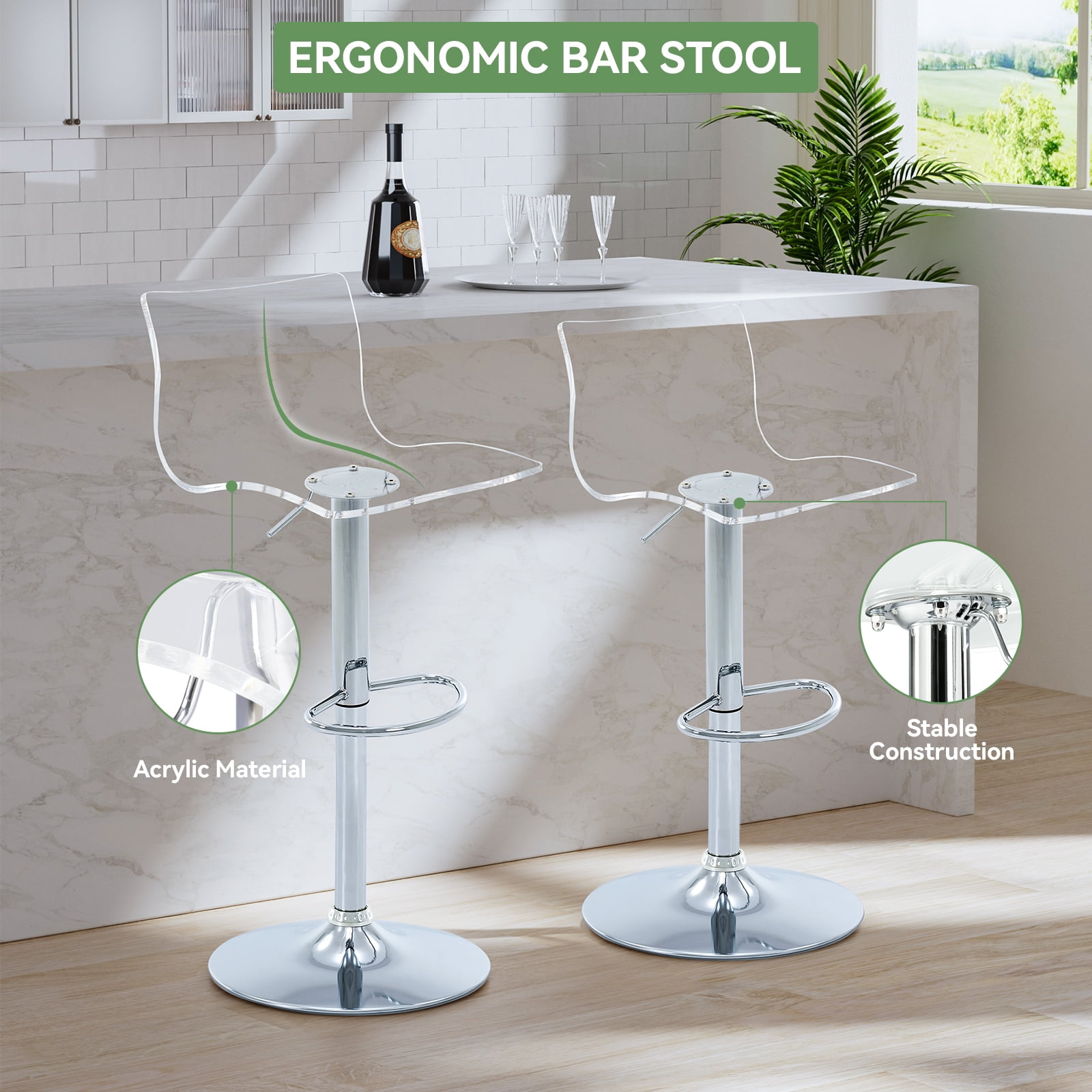 Acrylic Bar Stools Set of 2, Clear Adjustable Height Silver Base Barstools with Back, 360° Swivel Transparent Modern Bar Stool for Kitchen Island, Dining, Bar, Pub