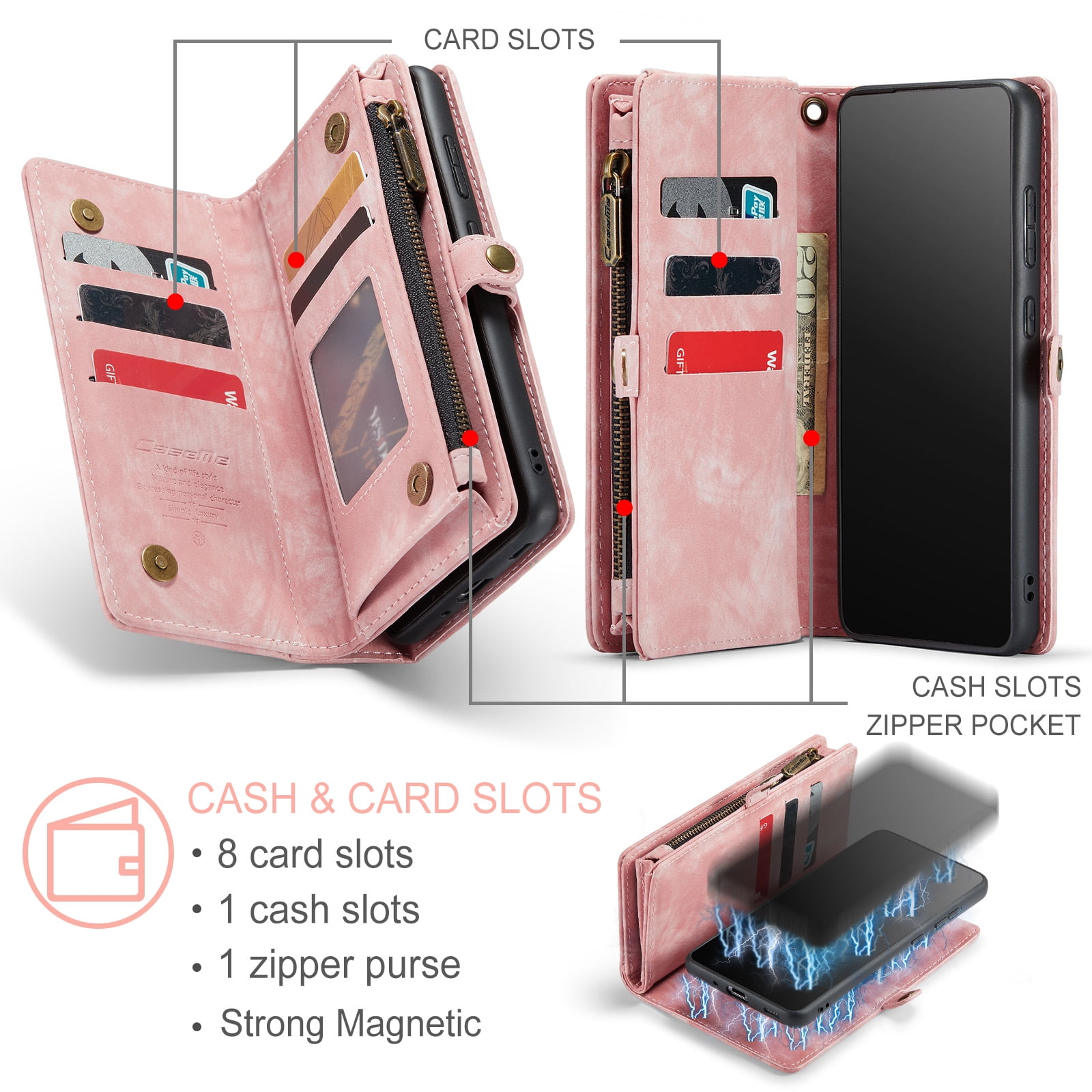 Feishell Durable 2-In-1 Magnetic Detachable Wallet Case for Samsung Galaxy S20+,for Women Men,Premium PU Leather Zipper Pocket Flip Multi Card Slots Purse Phone Case with Wrist Strap,Pink