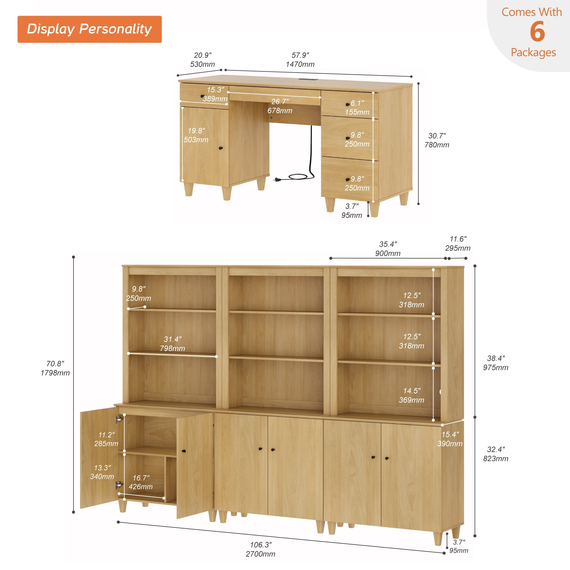 WAMPAT Home Office Furniture Set, 58" Executive Desk with Charging Station and Cabinet, 3-Column 71" Tall Bookcase with Doors and Adjustable Shelves for Living Room,Oak Wood