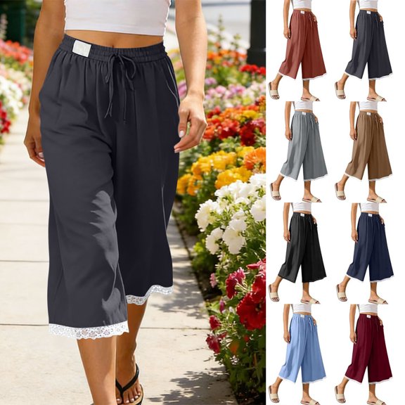 Dvprdro Capri Pants for Women Cotton Wide Leg Lace Hem Drawstring Elastic Waist Side Pockets Solid Loose Fit Summer Beach