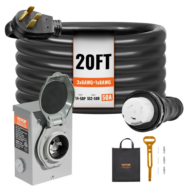 Kit de cable de generador y caja de entrada de energía VEVOR de 50 amperios, 20 pies, cable de alimentación de generador NEMA 14-50P/SS2-50R STW 6/3+8/1 AWG con conector de bloqueo por torsión