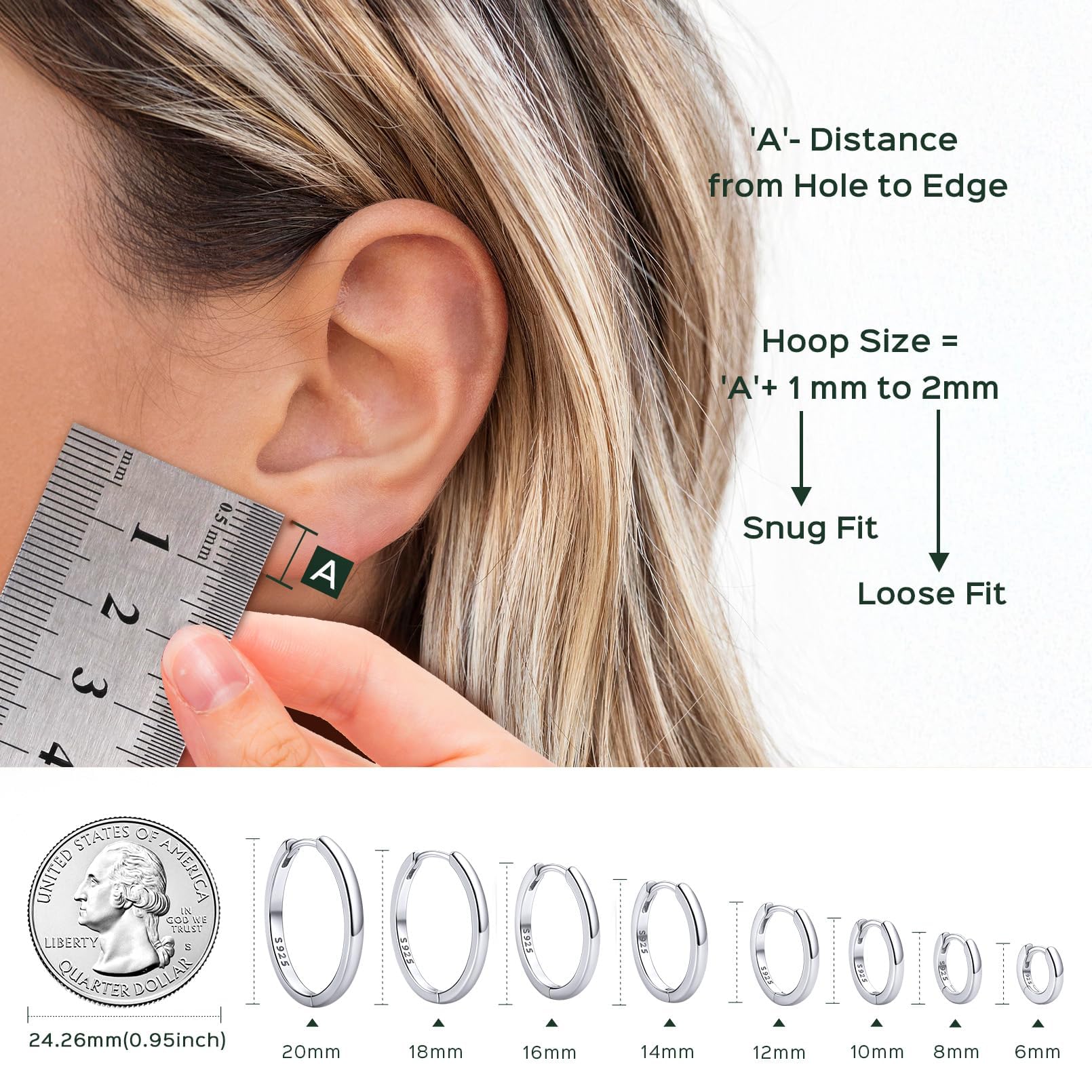 ChicSilver Hypoallergenic Small Huggie Hoop Earrings 8 MM 925 Sterling Silver Hoop Earrings for Women White Gold Plated Silver Tiny Cartilage Earring