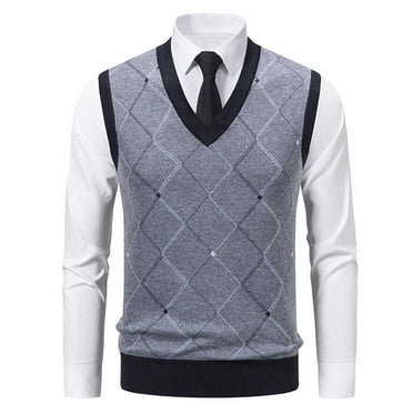 WAENQINLA Men's Argyle Sweater Vests Sleeveless Business Casual Knit Vest Tops V Neck Slim Fit Knitted Sweater Gray XL
