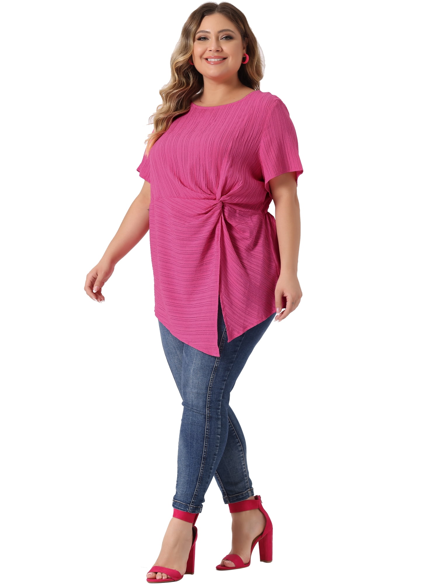 Unique Bargains Women Plus Size Asymmetrical Hem Round Neck Short Sleeve Twist Knot Top 4X Hot Pink