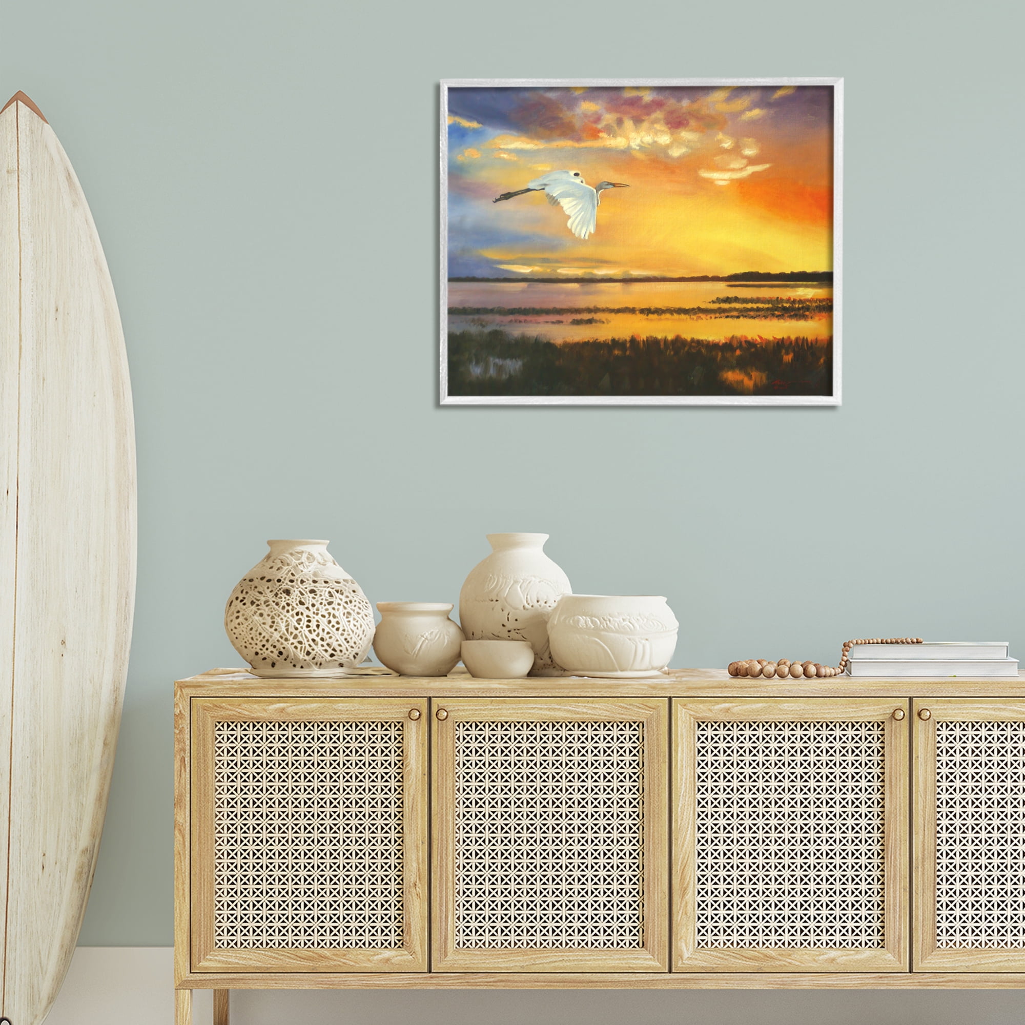 Stupell Industries Bird over Sunlit Pond Landscape Painting White Framed Art Print Wall Art, 30 x 24