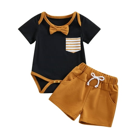 

Baby Boy Summer Clothes Set 6M 12M 18M 24M Short Sleeve Romper with Bowtie Solid Color Shorts 2Pcs Cute Infant Outfits