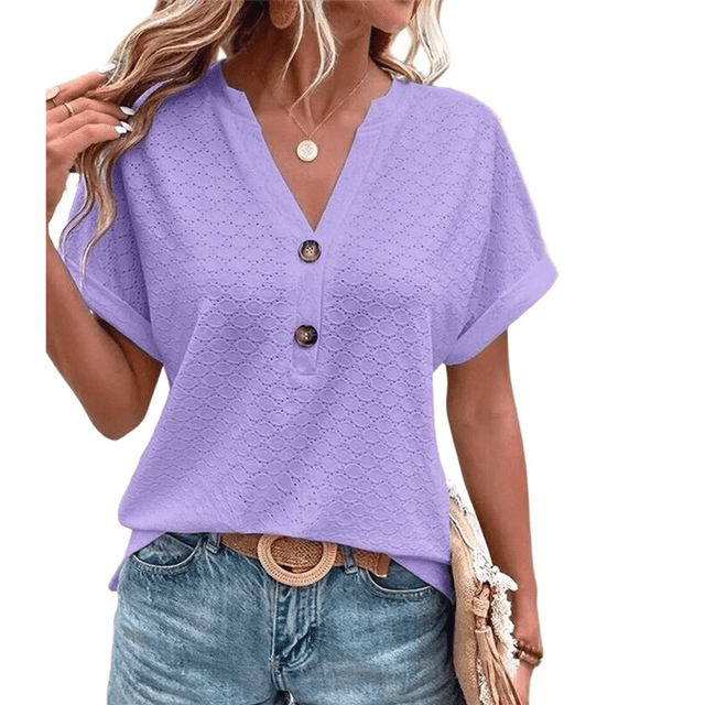Tops Henley de Corta con Cuello en V para Mujer, Morados, Talla M