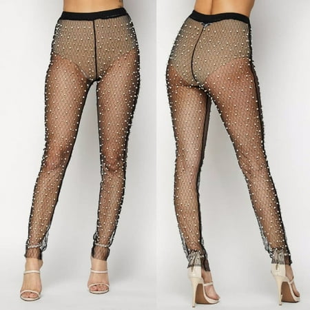 - Sexy Women Fishnet Pants See Through Pearls Trousers High Waist Mesh Sheer Transparent Pencil Pants Trousers Black S
