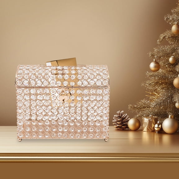 Heart Lock Wedding Card Box, Clear Crystal Glass Money Card Holder with Gold Frame, Elegant Reception Lockbox for Wedding Party