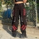thumbnail image 3 of Pantalones casuales de estilo retro oscuro, elegantes y con cintas y cadena de maíz, pantalones de pierna ancha con costuras de malla a rayas de color en contraste, 3 of 6
