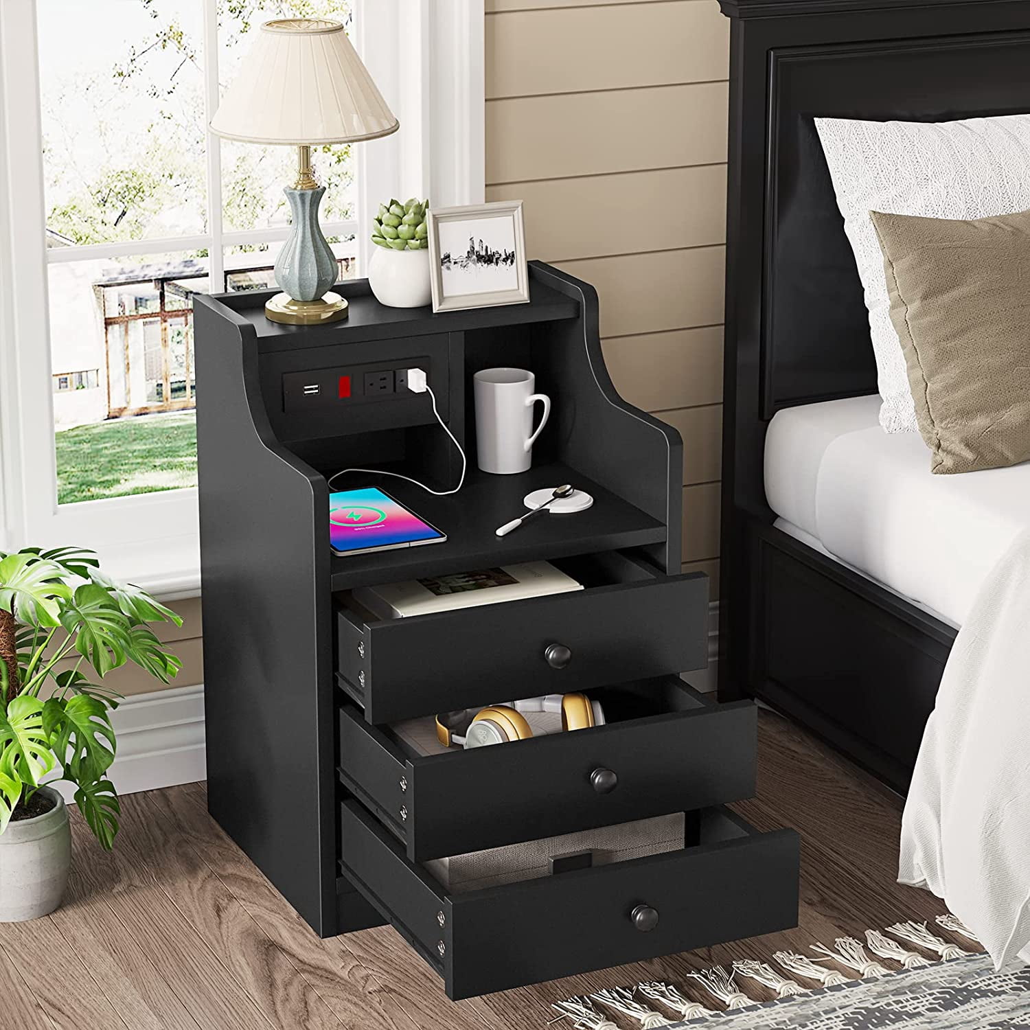 Nightstands Set of 2,Black Nightstand with Hutch and 3 Drawers,Bedside Table with Charging Station for Bedrooms