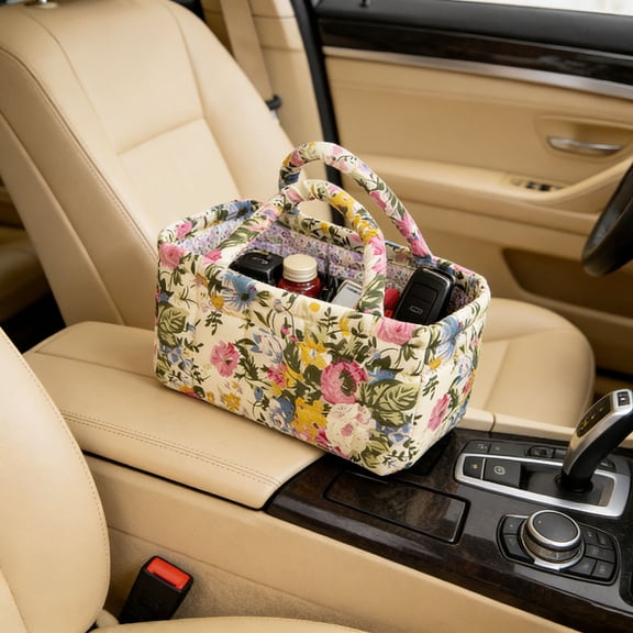 Fabric Storage Basket Vintage Floral Quilted Organizer Bin with Dual Handles Farmhouse Floral Print Decorative Caddy for Tabletop Living Room Bedroom
