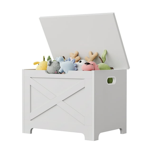 23.6 Inch Storage Bench, Wooden Toy Chest with Safety Hinge, Multi Functional Entryway and Living Room Storage, Easy Assembly, Frosted White Washed Gray Retro Color