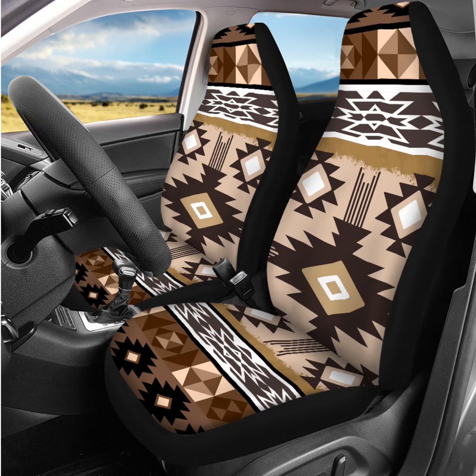 Yuyamidu Aztec Ethnic Car Seat Covers Full Set of 14 Geometric Steering Wheel Cover Auto Seat Belt Cover Coaster Armrest Cover Headrest Covers Keychain Auto Accessories, Brown