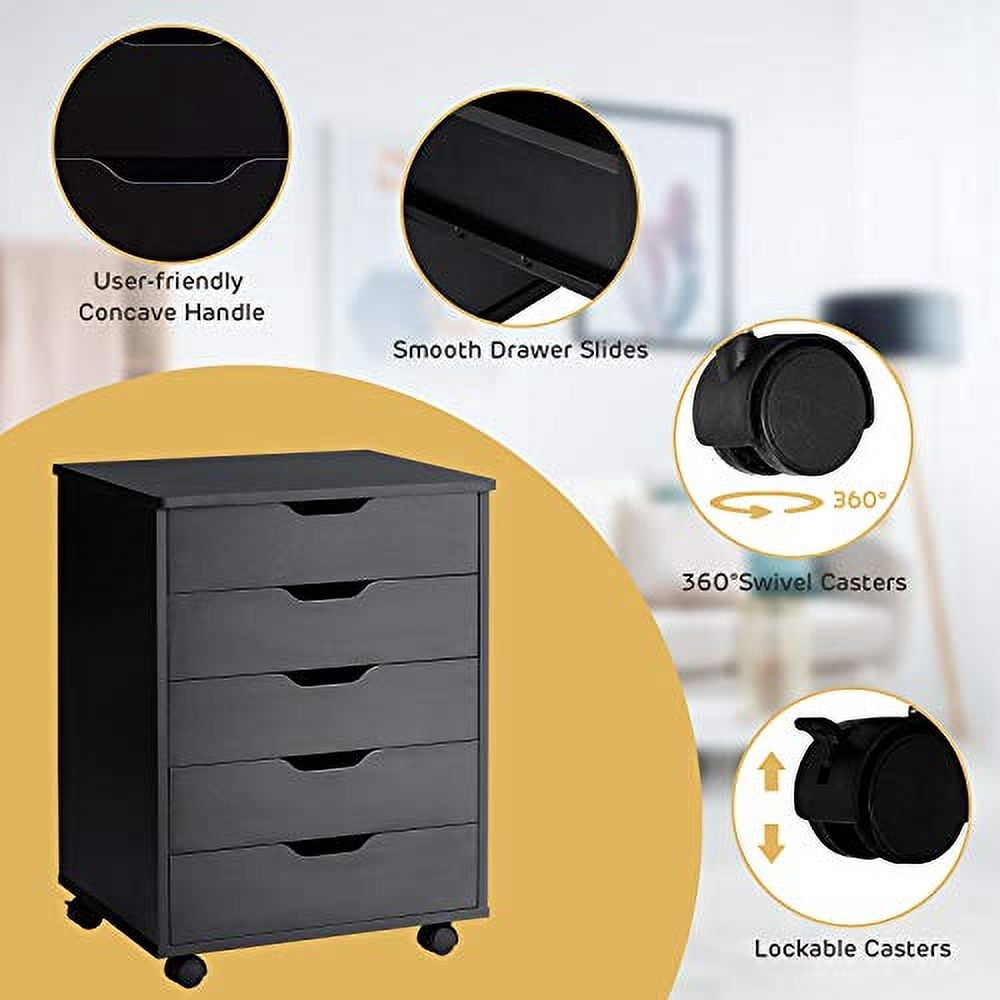 DORTALA 5 Drawer Chest File Cabinet with Wheels, Versatile Mobile Under Desk Office Storage Cabinet, Wood Filing Cabinet for Home Office, Black
