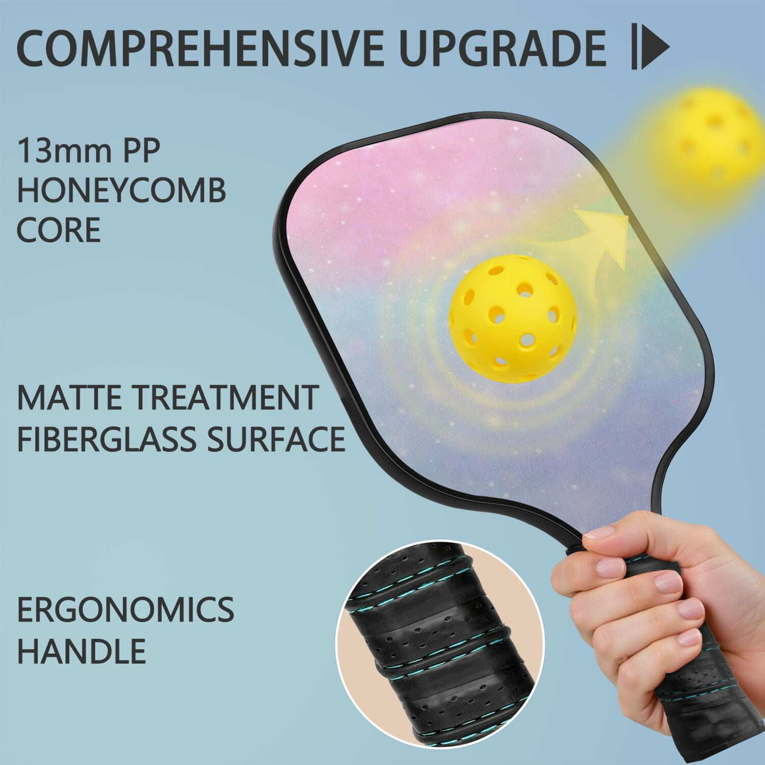 Pickleball Paddles Set Of 2, Fiberglass Surface, Dreamy Cloud Print, 4 Balls & Bag