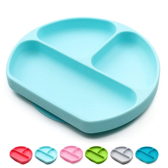 Suction Plates for Babies, Toddlers, Silicone Placemats for Kids with a round, divided design featuring three compartments in a light blue color. Made from 100% food-grade silicone, BPA-free, and designed to stick securely to high chair trays and tables. Ideal for baby feeding dishes and non-slip toddler plates. Includes additional color options such as pink, green, and gray.