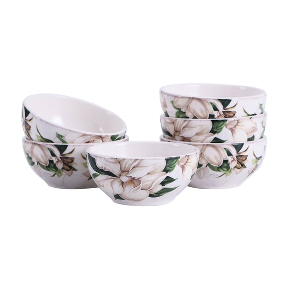 Bico Magnolia Floral Dessert Bowls Set of 6, Ceramic Bowls, 12oz, for Ice Cream, Salad, Cereal, Dipping Sauce, Microwave & Dishwasher Safe