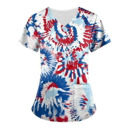 

TKing Fashion Women Plus Size Scrubs Top Ruffle Round Neck Short Sleeve Floral Pockets Work Blouse for Women Blue L