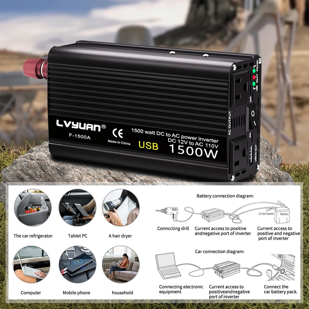 LVYUAN 1500 Watts Peak Power Inverter Modified Sine Wave DC 12V to AC 110V 120V Car Converter 2 AC Outlets + USB Adapter USB Charger for Car, RV, Camping & Home Backup Black