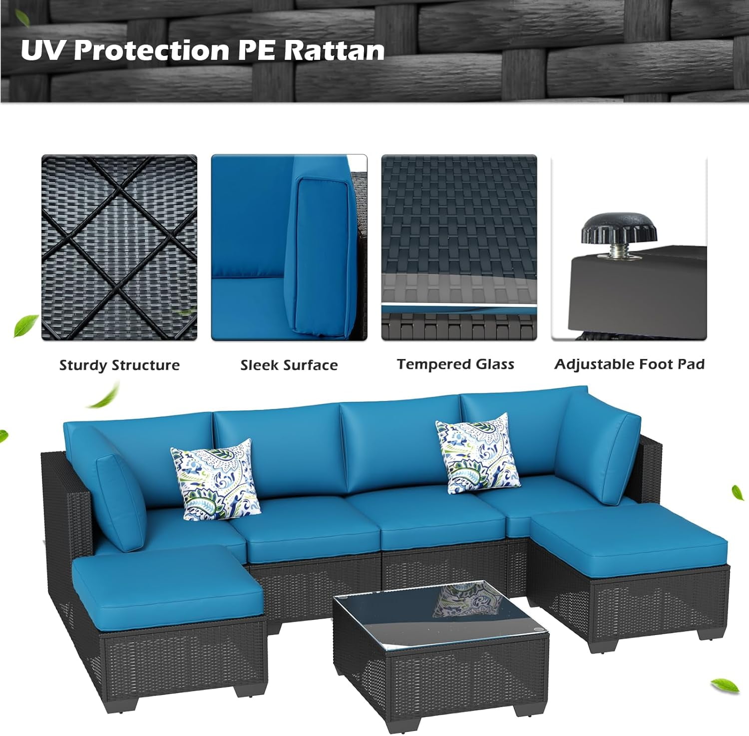 YODOLLA 7-Piece Patio Furniture w/ Protection Cover, Outdoor Sectional Sofa Couch w/ Coffee Table, Patio Conversation Set in Black Wicker& Blue Cushions
