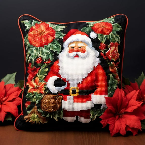 Merry Christmas Santa and Flower Latch Hook Kits Pillow Crochet Yarn Rug Pre-Printed Cushion Needlework Pillowcase DIY Hook and Latch Kit Christmas Home Sofa Decoration 43x43cm(2)