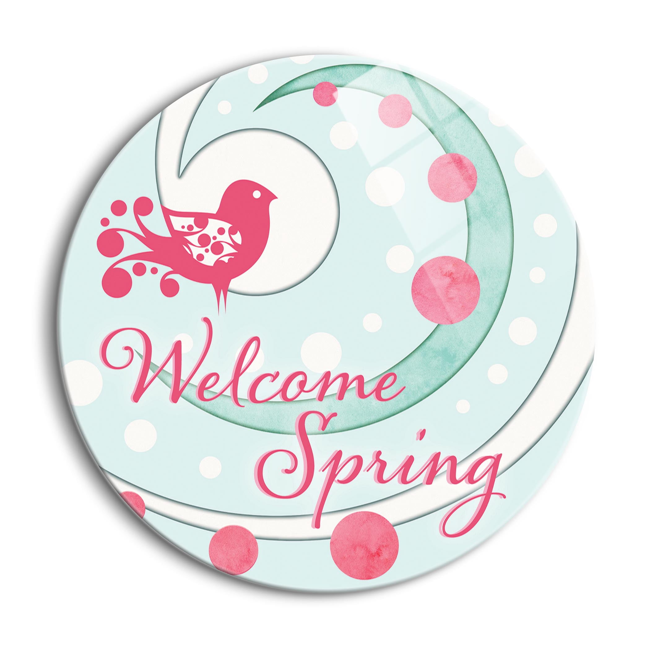 Welcome Spring Sky Blue Deep Pink Bird 24 inch Glass Wall Hanging Sign ...