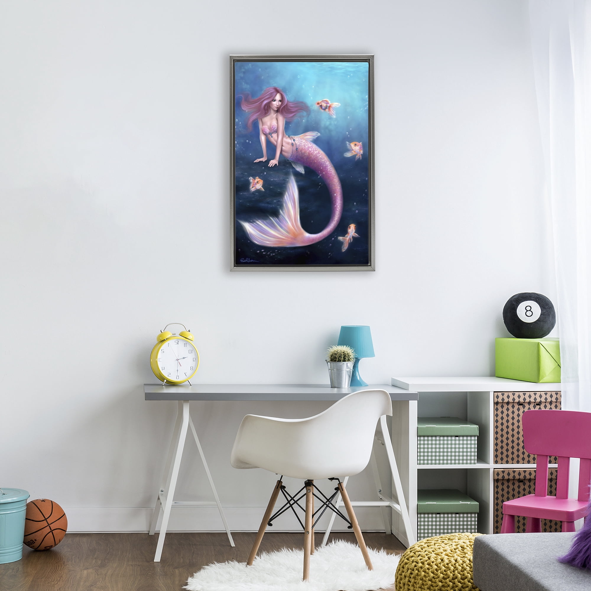 Aurelia Mermaid & Fish Gray Framed Floater Canvas Wall Art, design by Rachel Anderson