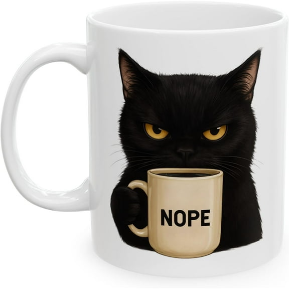 Grumpy Black Cat "NOPE" Mug – Funny Cat Lover Coffee Cup – 11oz White Ceramic Mug with Sarcastic Cat Art