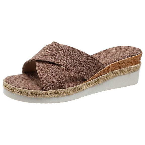 Clearance JeashCHAT Sandals for Women, Slide Sandals Womens Summer Fashion Casual Slippers Open Toe Thick Bottom Flax Slippers (Brown)