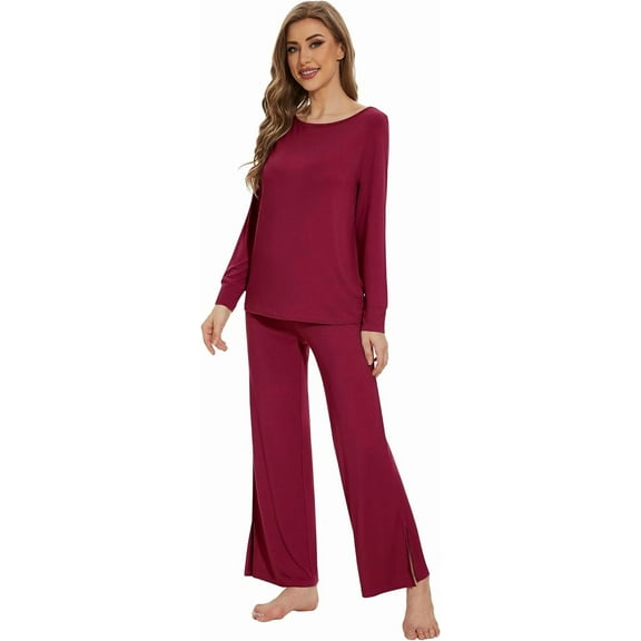 WiWi Long Sleeve Pajamas for Women Bamboo Viscose Lounge Sets Loungewear with Side Slit Pants Soft Pjs Set S-XXL, Wine, Small
