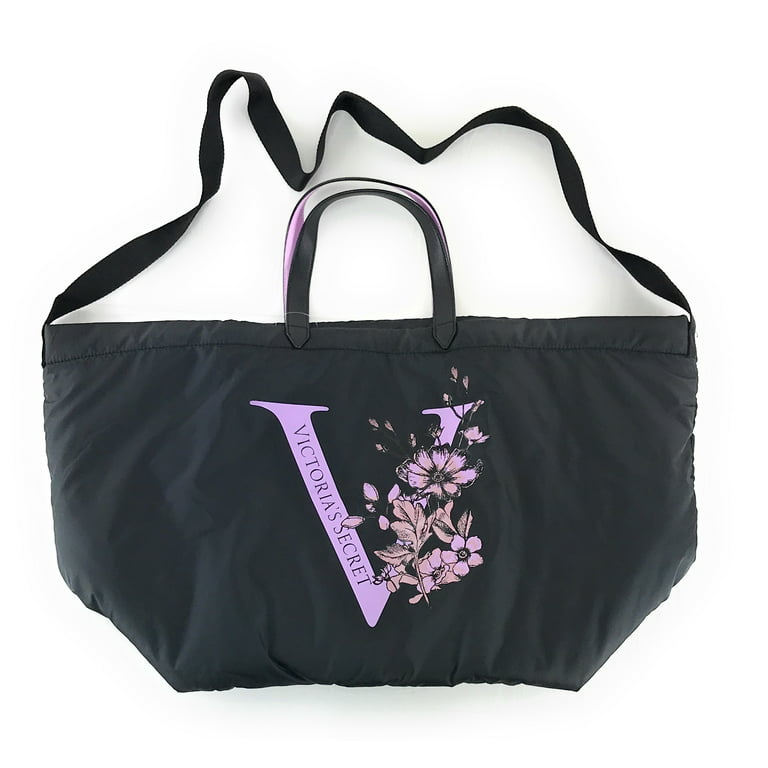 Victoria's Secret Black Purple Floral Print Tote Bag