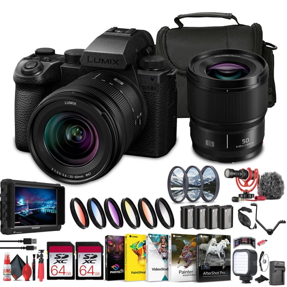 Panasonic Lumix S5 IIX Mirrorless Camera with 20-60mm and 50mm Lenses Kit (DCS5M2XW/W) + 4K Monitor + 2 x 64GB Memory Card + Filter Kit + Color Filter Kit + Corel Photo Software + More