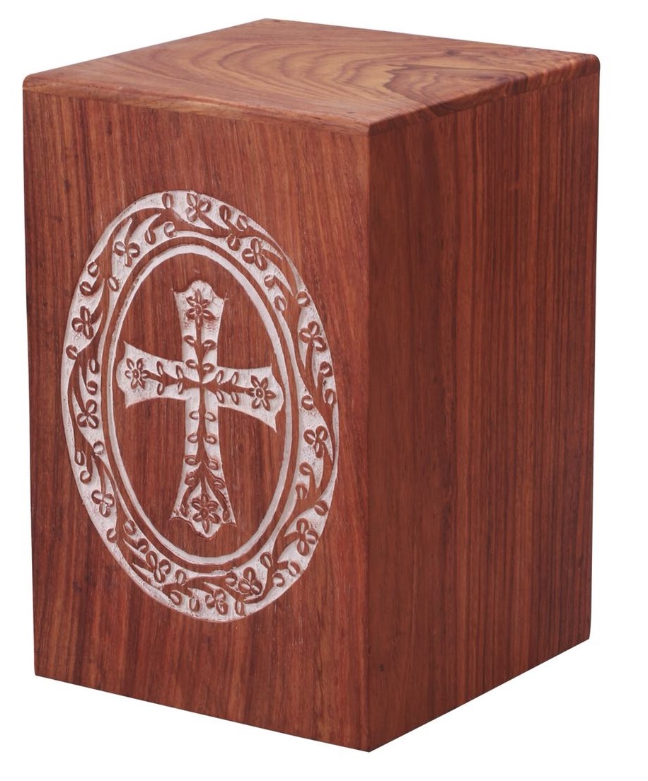 Exclusive Design Solid Rosewood Holy Cross Carved Wooden Urn