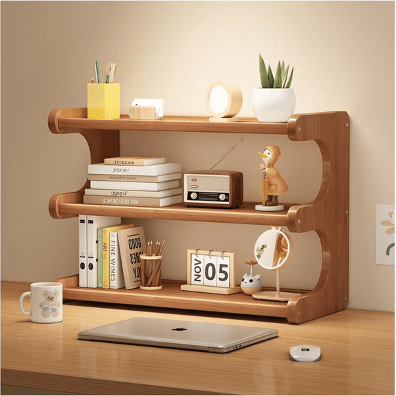 3-Tier Bamboo Desktop Shelf Organizer, Natural Wood Color, 19.6" x 7.87" x 14.17", Space-Saving Desk Bookshelf for Office Supplies, Books, Home Decor, Ideal for Workspace, Study Room and Bedroom