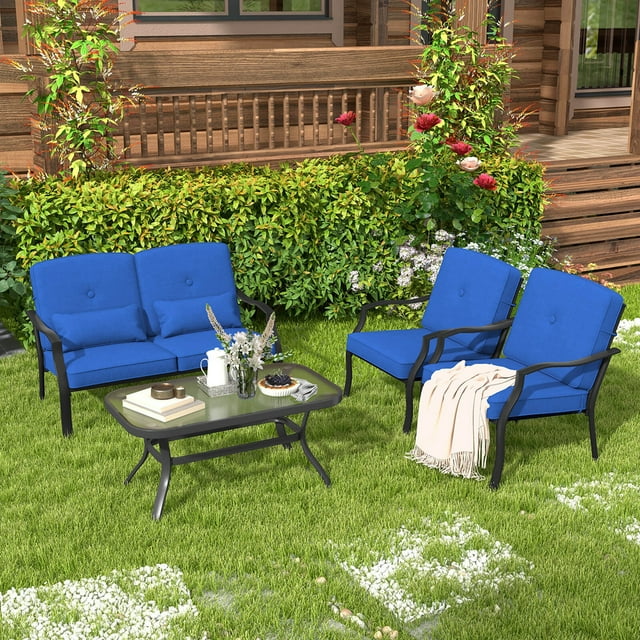 Costway Ensemble de Mobilier de Patio 4 Pcs Canapé de Conversation Extérieur Table Basse en Verre Trempé Bleu Marine