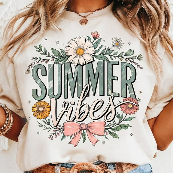 Summer Vibes T-Shirt, Floral Summer Tee, Retro Pastel Vacation Graphic Shirt, Beach Vibes Shirt, Tropical Summer Theme Graphic Tee for Women