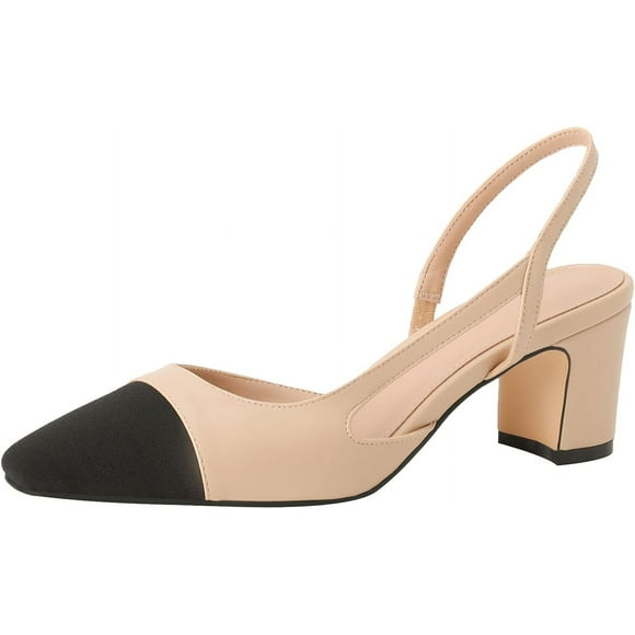 Women Sling Back Pumps Chunky Heels Sexy Splicing Round Toe Casual Wedding Shoes for Women Fashion Dress Shoes US Size 10 Nude