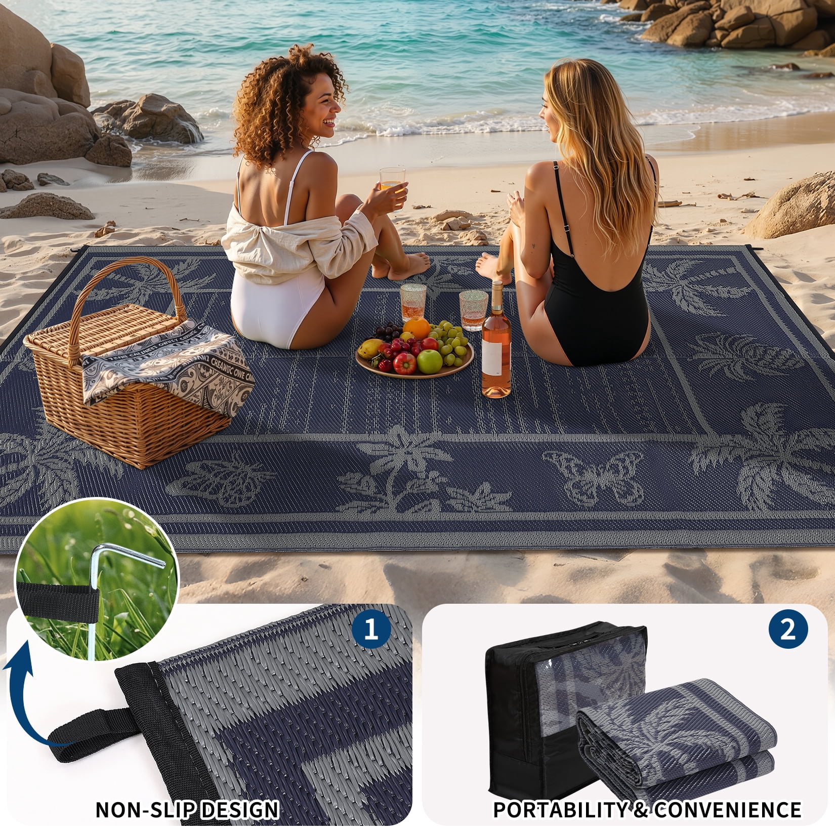 Garvee Outdoor Rug 8x10ft Waterproof Reversible Foldable Plastic Straw Rug, Tropical Leaf Border Outdoor Mat for Patio, Camping, RV, Deck, Porch, Balcony, Black Blue