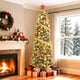 thumbnail image 1 of Holiday decoration: 6 ft flocked pencil pre - lit frosted slim artificial christmas tree con pine cones, 250 tamaño completo warm blanca LED lights, foldable base y fácil montaje, 1 of 8