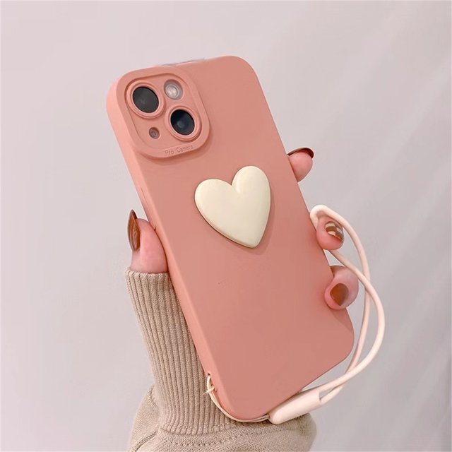 Funda de teléfono suave con corazón de amor negro 3D lindo coreano con correa de muñeca para iPhone 14 13 12 11 Pro Max X XS XR 7 8 plus funda Simple Tan Jianjun unisex