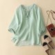thumbnail image 1 of MKLEKYY Playeras Camiseta Holgada Y Cómoda Con Cuello En V Y Mangas De Siete Puntos Bordadas De Algodón Y Lino Para Mujer Talla XXL, 1 of 3