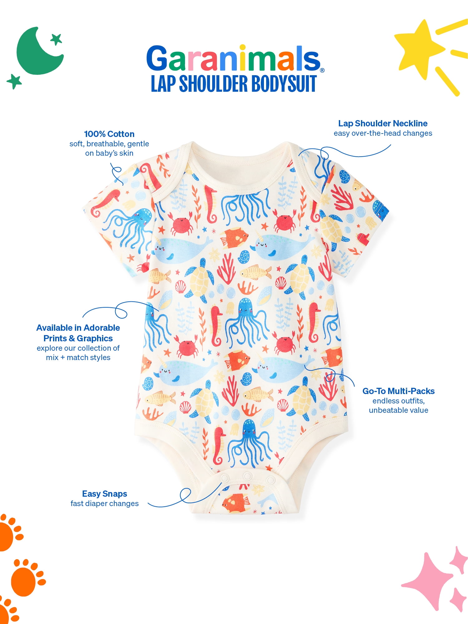 Garanimals Newborn & Baby Boy Cotton Lap-Shoulder Short-Sleeve Bodysuits, 4-Pack, Sizes 0–24M