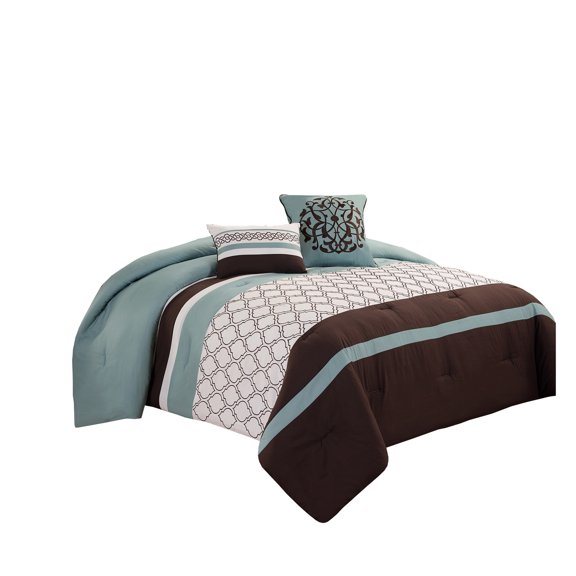 Benjara Quatrefoil King Size 8 Piece Fabric Comforter Set , Brown and Blue