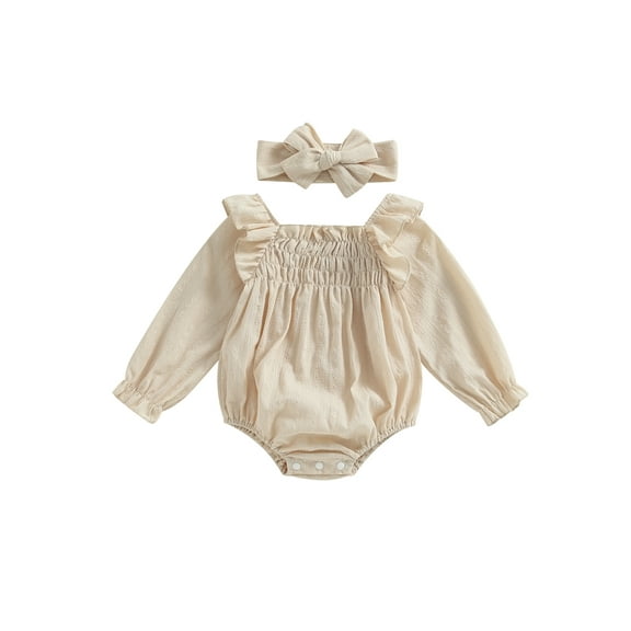 Bagilaanoe Newborn Baby Girl Rompers Long Sleeve Bodysuits   Headband 3M 6M 12M 18M Infant Casual One Piece Short Jumpsuit